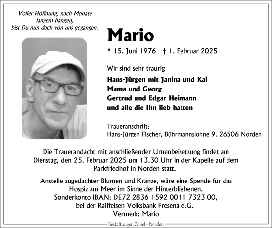 Traueranzeige von Mario  von Ostfriesischer Kurier GmbH