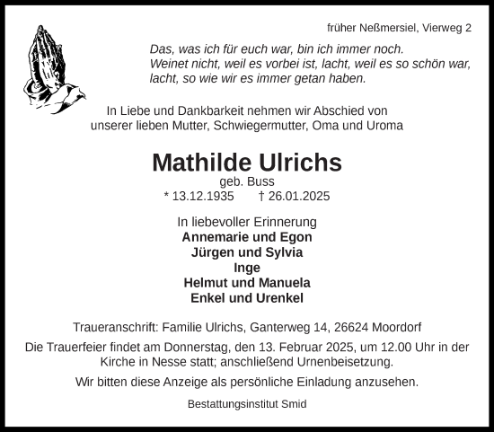Traueranzeige von Mathilde Ulrichs von Ostfriesischer Kurier GmbH