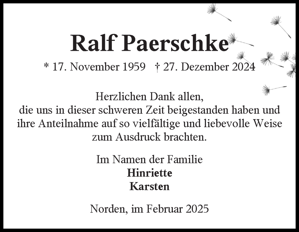  Traueranzeige für Ralf Paerschke vom 08.02.2025 aus Ostfriesischer Kurier GmbH