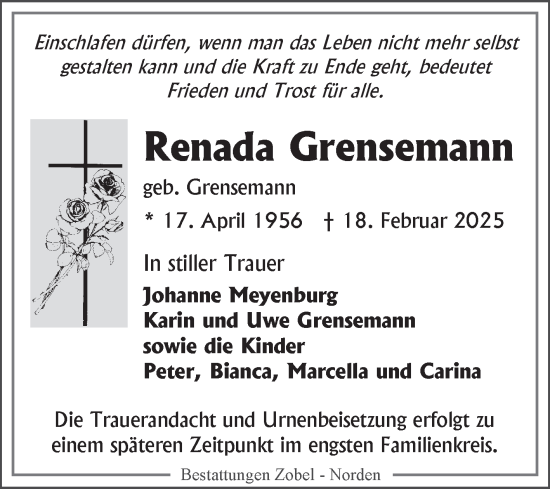 Traueranzeige von Renada Grensemann von Ostfriesischer Kurier GmbH