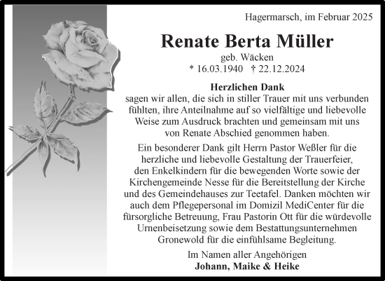 Traueranzeige von Renate Berta Müller von Ostfriesischer Kurier GmbH