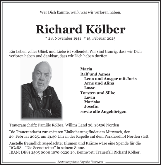 Traueranzeige von Richard Kölber von Ostfriesischer Kurier GmbH