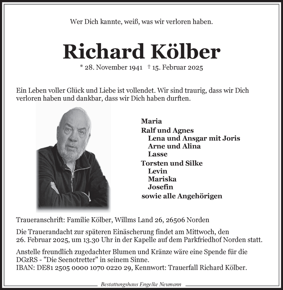  Traueranzeige für Richard Kölber vom 22.02.2025 aus Ostfriesischer Kurier GmbH