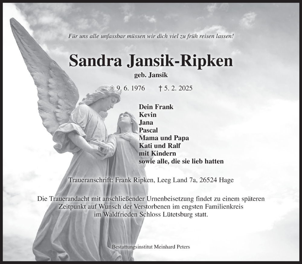  Traueranzeige für Sandra Jansik-Ripken vom 12.02.2025 aus Ostfriesischer Kurier GmbH