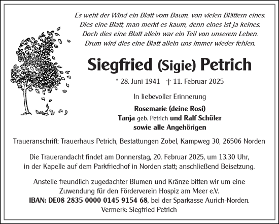 Traueranzeige von Siegfried Petrich von Ostfriesischer Kurier GmbH