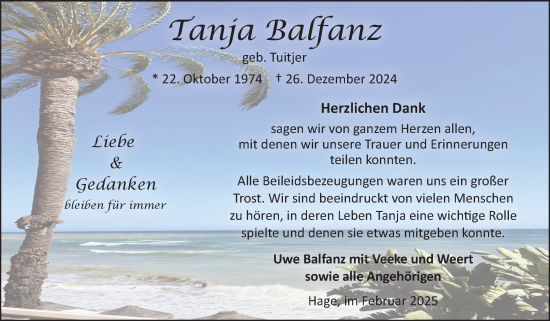 Traueranzeige von Tanja Balfanz von Ostfriesischer Kurier GmbH