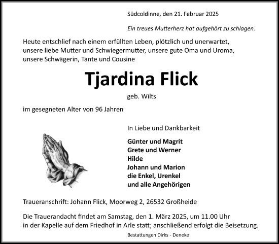 Traueranzeige von Tjardina Flick von Ostfriesischer Kurier GmbH
