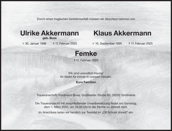 Traueranzeige von Ulrike Akkermann von Ostfriesischer Kurier GmbH