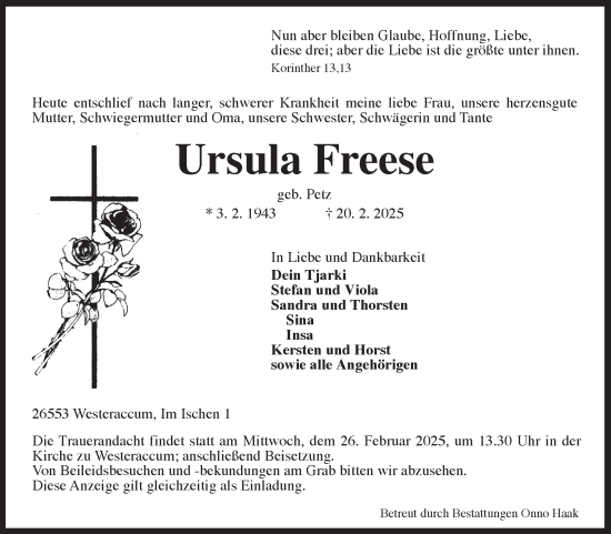Traueranzeige von Ursula Freese von Ostfriesischer Kurier GmbH