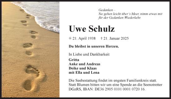 Traueranzeige von Uwe Schulz von Ostfriesischer Kurier GmbH