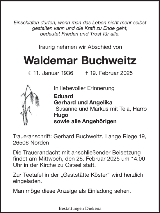 Traueranzeige von Waldemar Buchweitz von Ostfriesischer Kurier GmbH