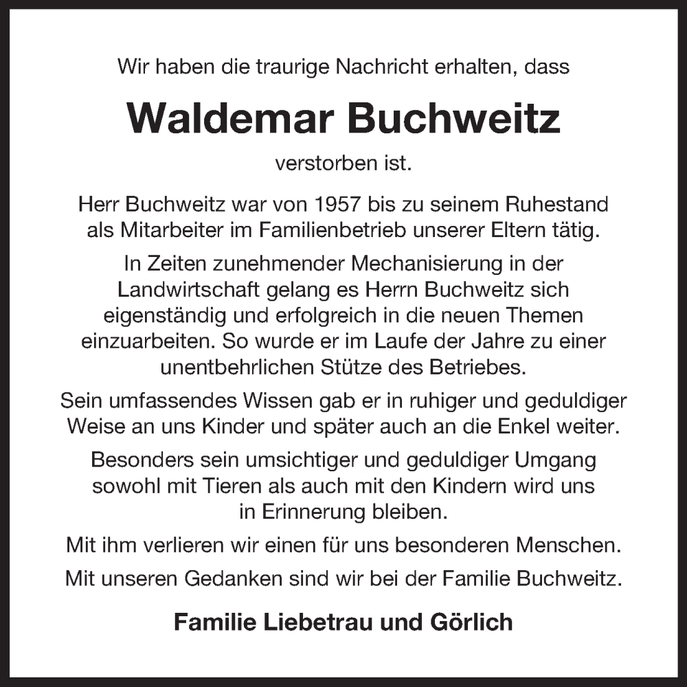  Traueranzeige für Waldemar Buchweitz vom 25.02.2025 aus Ostfriesischer Kurier GmbH