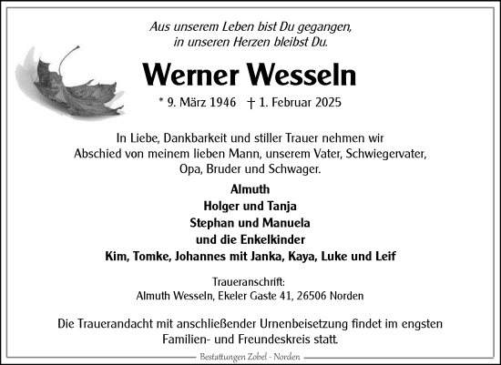 Traueranzeige von Werner Wesseln von Ostfriesischer Kurier GmbH