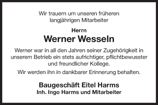 Traueranzeige von Werner Wesseln von Ostfriesischer Kurier GmbH