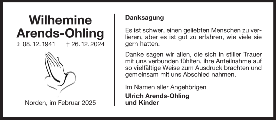 Traueranzeige von Wilhelmine Arends-Ohling von Ostfriesischer Kurier GmbH