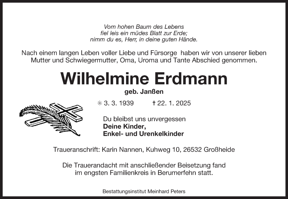  Traueranzeige für Wilhelmine Erdmann vom 01.02.2025 aus Ostfriesischer Kurier GmbH