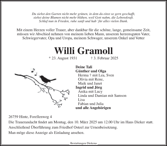 Traueranzeige von Willi Gramoll von Ostfriesischer Kurier GmbH