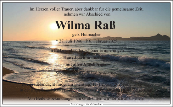 Traueranzeige von Wilma Raß von Ostfriesischer Kurier GmbH