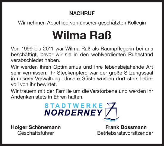 Traueranzeige von Wilma Raß von Ostfriesischer Kurier GmbH
