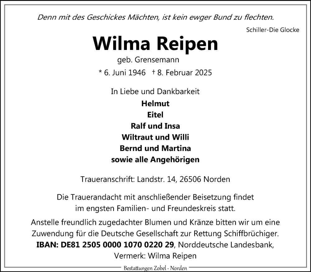  Traueranzeige für Wilma Reipen vom 12.02.2025 aus Ostfriesischer Kurier GmbH