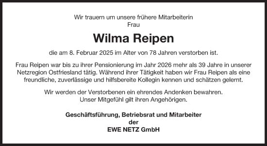 Traueranzeige von Wilma Reipen von Ostfriesischer Kurier GmbH