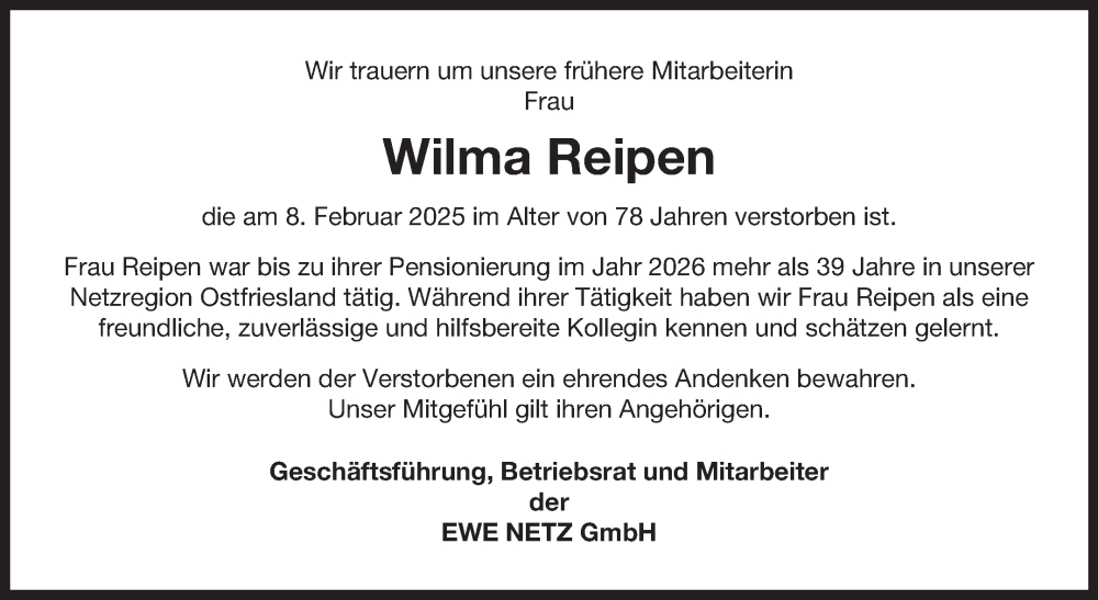  Traueranzeige für Wilma Reipen vom 15.02.2025 aus Ostfriesischer Kurier GmbH