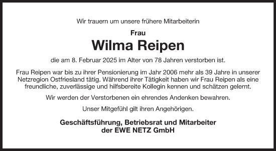 Traueranzeige von Wilma Reipen von Ostfriesischer Kurier GmbH