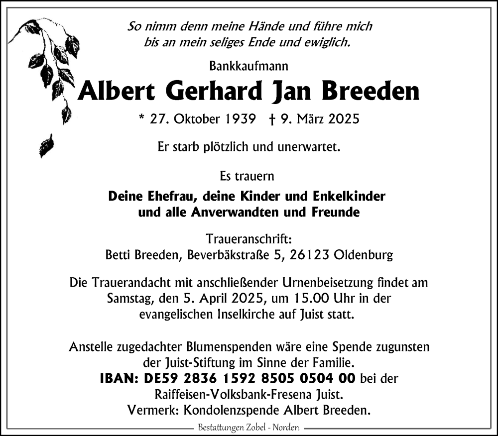  Traueranzeige für Albert Gerhard Jan Breeden vom 26.03.2025 aus Ostfriesischer Kurier GmbH