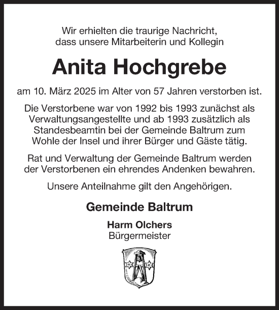 Traueranzeige von Anita Hochgrebe von Ostfriesischer Kurier GmbH