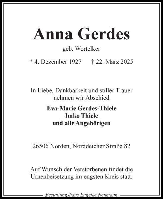 Traueranzeige von Anna Gerdes von Ostfriesischer Kurier GmbH