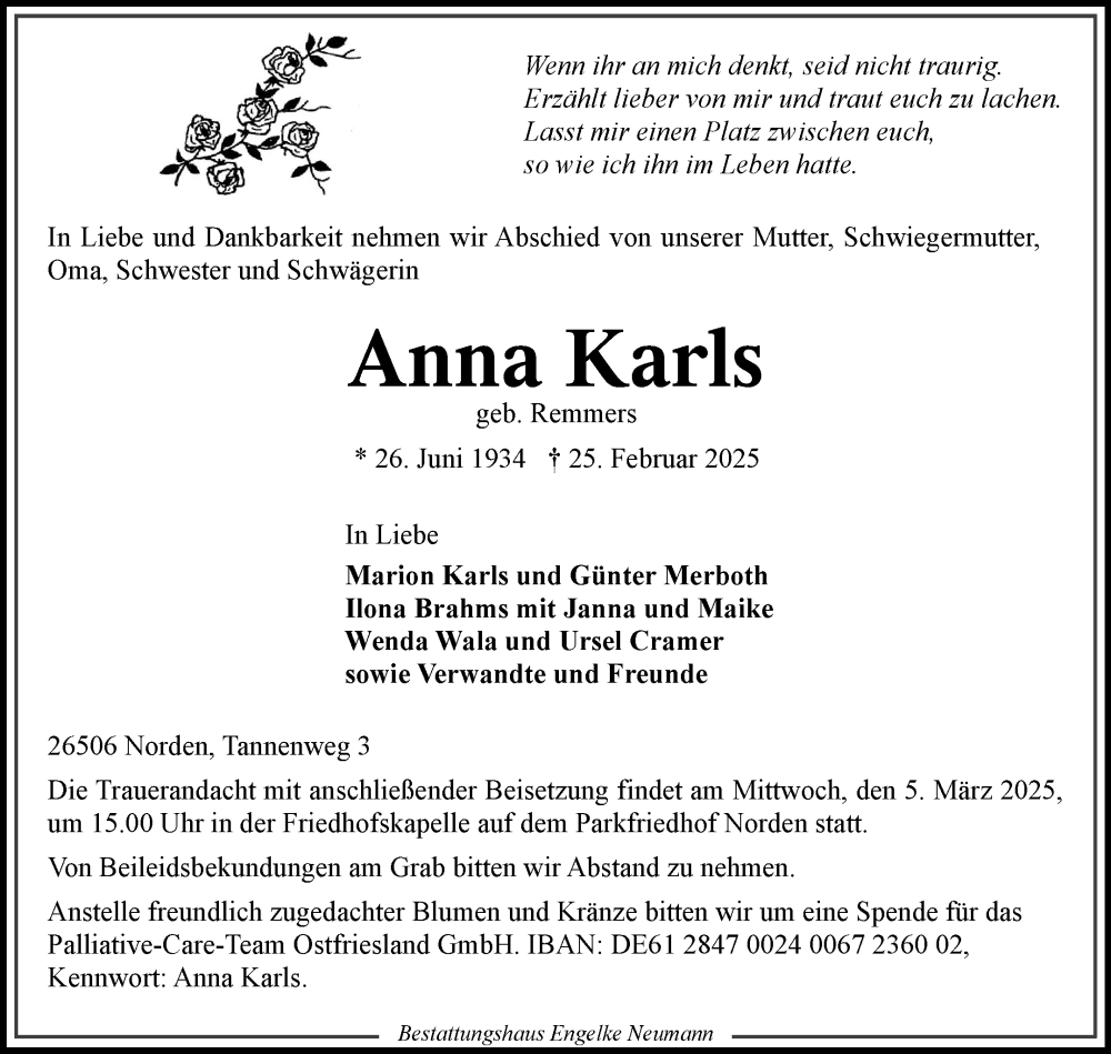  Traueranzeige für Anna Karls vom 01.03.2025 aus Ostfriesischer Kurier GmbH