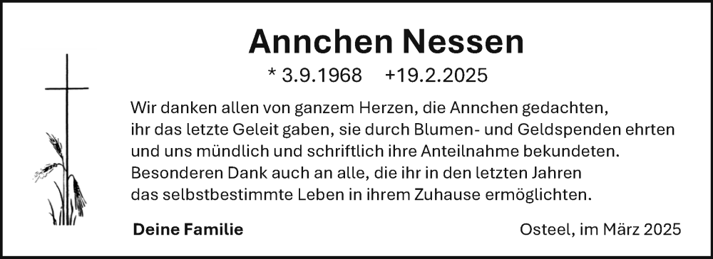  Traueranzeige für Annchen Nessen vom 15.03.2025 aus Ostfriesischer Kurier GmbH