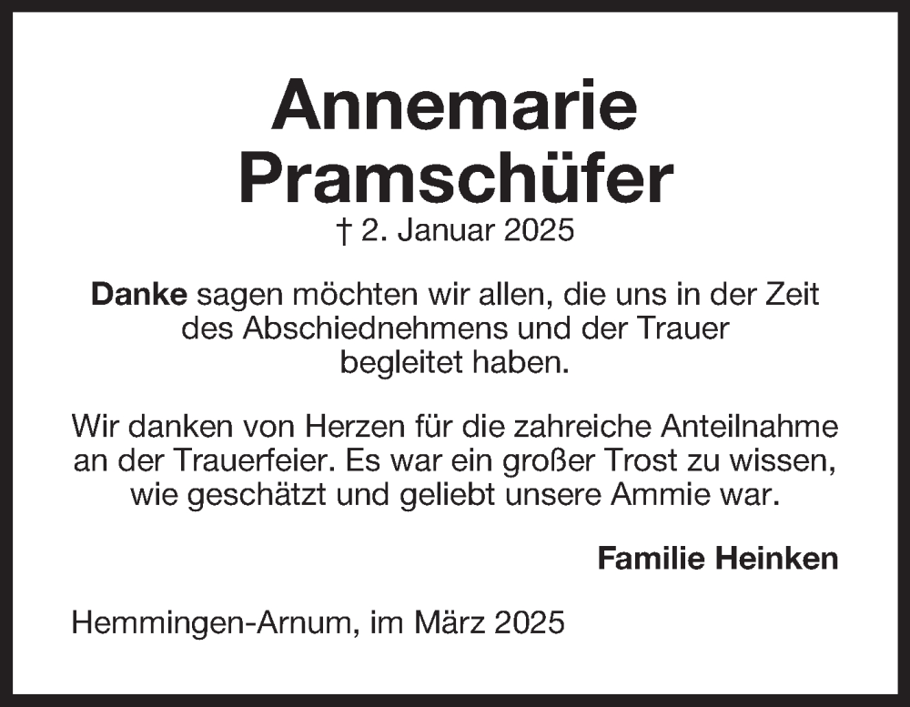  Traueranzeige für Annemarie Pramschüfer vom 15.03.2025 aus Ostfriesischer Kurier GmbH