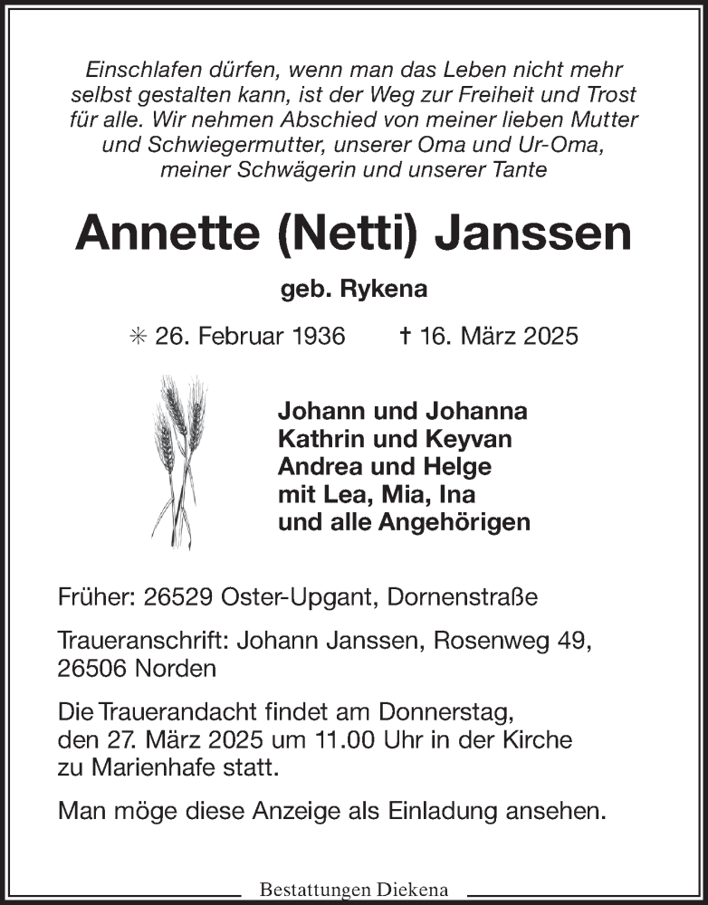  Traueranzeige für Annette Janssen vom 19.03.2025 aus Ostfriesischer Kurier GmbH