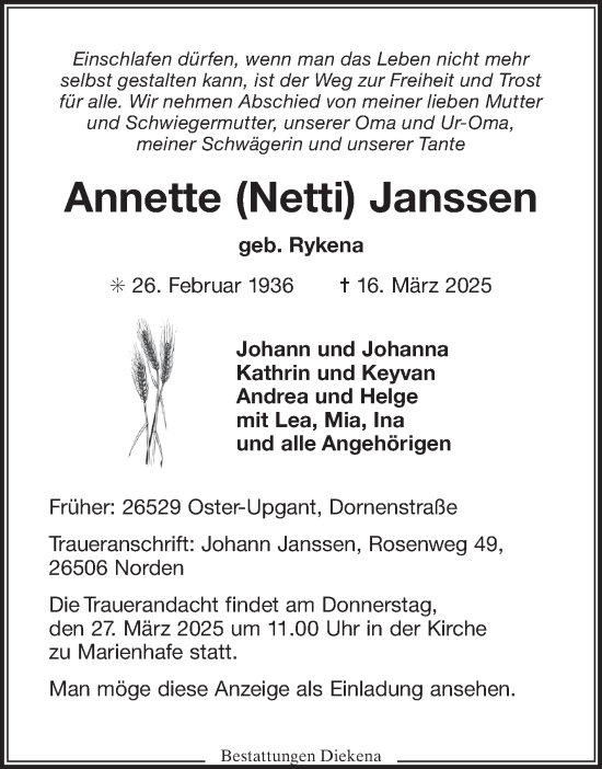 Traueranzeige von Annette Janssen von Ostfriesischer Kurier GmbH