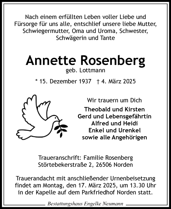 Traueranzeige von Annette Rosenberg von Ostfriesischer Kurier GmbH