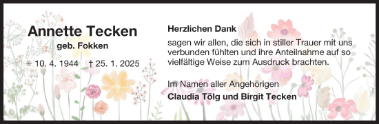 Traueranzeige von Annette Tecken von Ostfriesischer Kurier GmbH