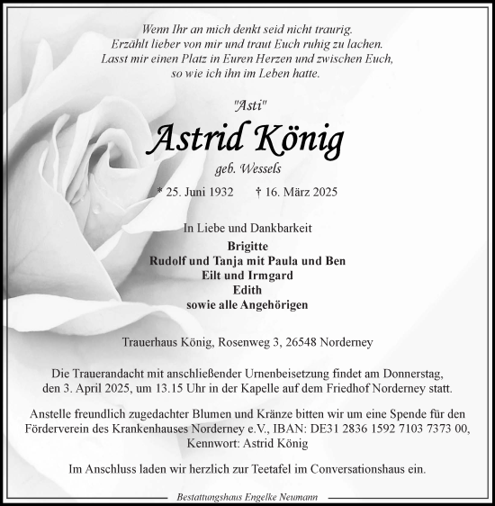 Traueranzeige von Astrid König von Ostfriesischer Kurier GmbH
