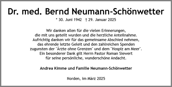 Traueranzeige von Bernd Neumann-Schönwetter von Ostfriesischer Kurier GmbH