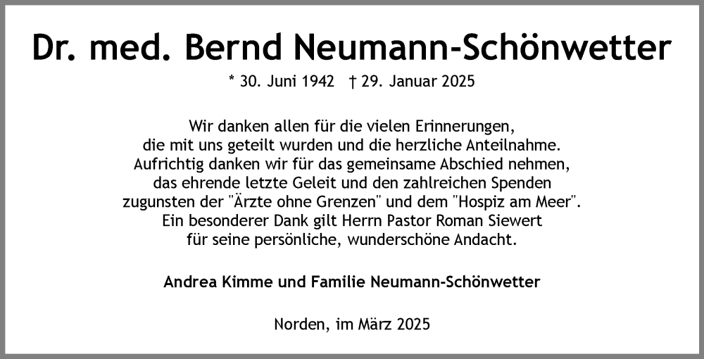  Traueranzeige für Bernd Neumann-Schönwetter vom 08.03.2025 aus Ostfriesischer Kurier GmbH