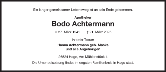 Traueranzeige von Bodo Achtermann von Ostfriesischer Kurier GmbH