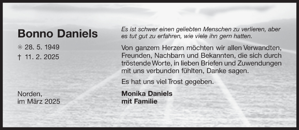 Traueranzeige für Bonno Daniels vom 22.03.2025 aus Ostfriesischer Kurier GmbH