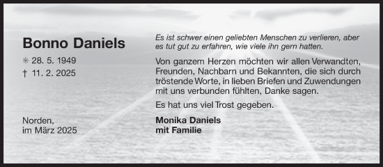 Traueranzeige von Bonno Daniels von Ostfriesischer Kurier GmbH