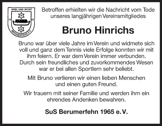 Traueranzeige von Bruno Hinrichs von Ostfriesischer Kurier GmbH