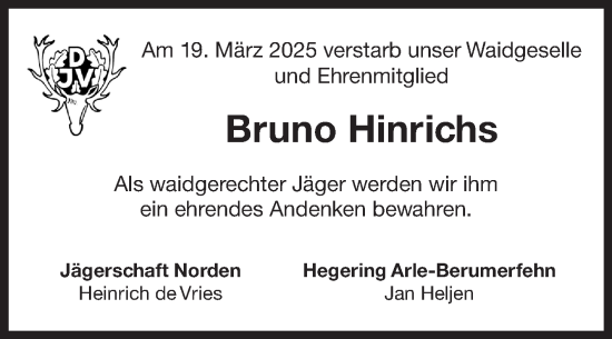 Traueranzeige von Bruno Hinrichs von Ostfriesischer Kurier GmbH
