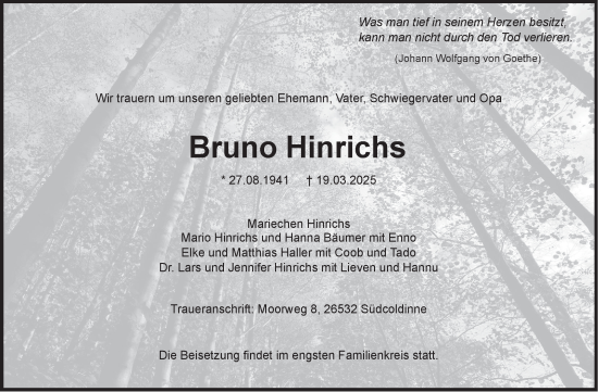 Traueranzeige von Bruno Hinrichs von Ostfriesischer Kurier GmbH