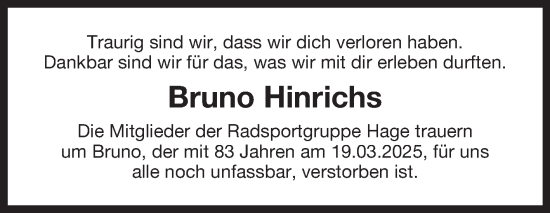 Traueranzeige von Bruno Hinrichs von Ostfriesischer Kurier GmbH