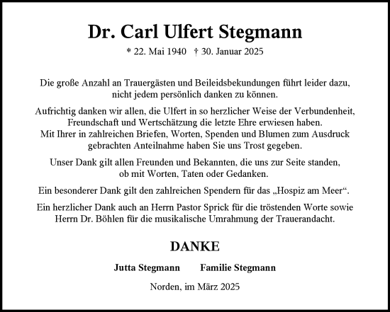 Traueranzeige von Carl Ulfert Stegmann von Ostfriesischer Kurier GmbH