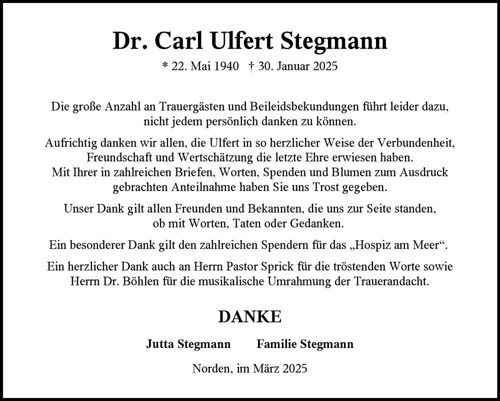  Traueranzeige für Carl Ulfert Stegmann vom 15.03.2025 aus Ostfriesischer Kurier GmbH