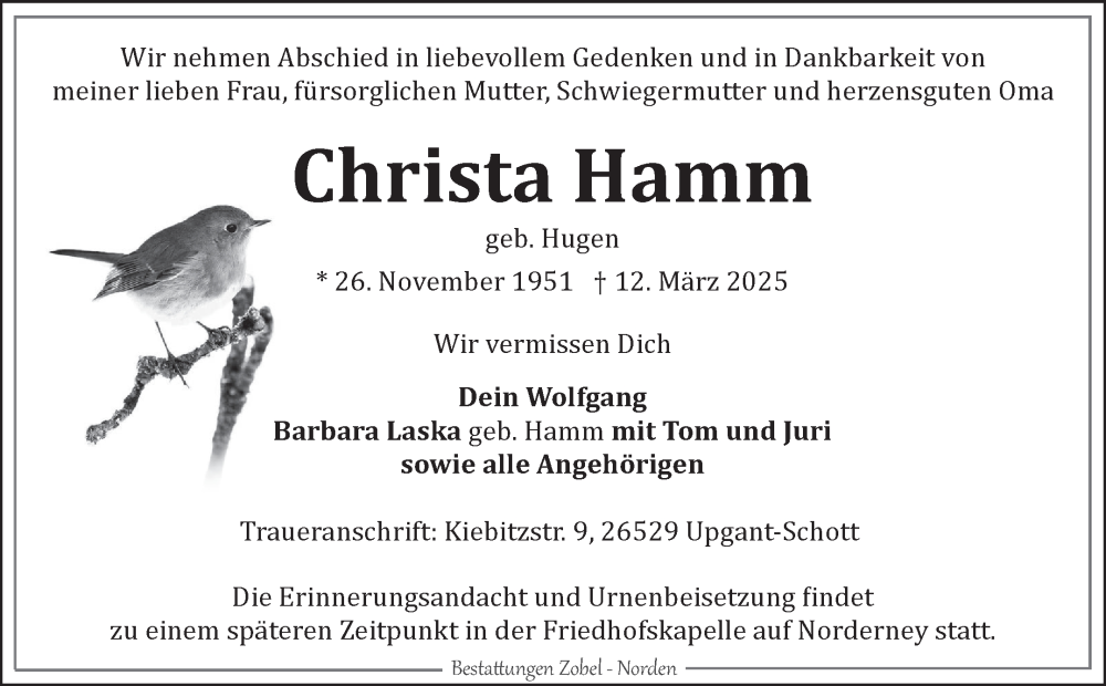  Traueranzeige für Christa Hamm vom 14.03.2025 aus Ostfriesischer Kurier GmbH